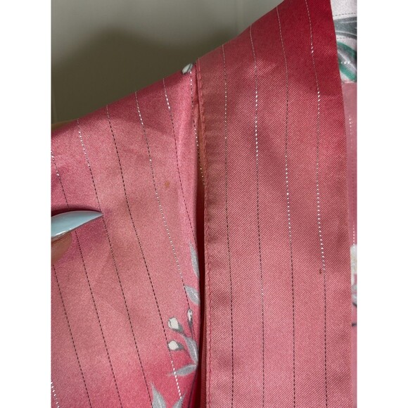 Vintage Japanese Kimono Robe Lingerie Satin Pink Bird Floral Asian Silver‎ - Picture 7 of 8